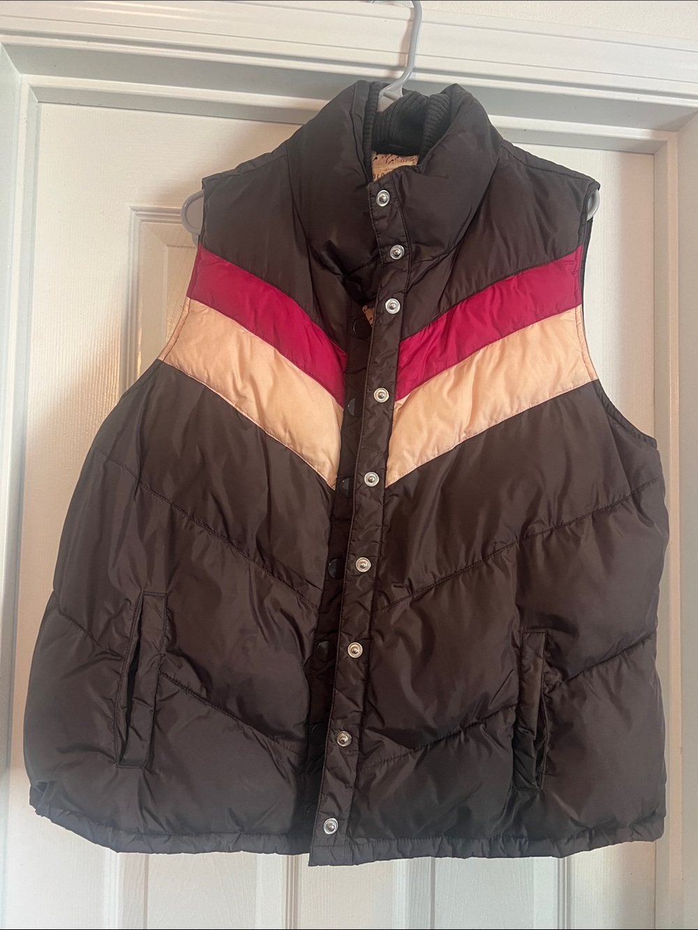 Vintage Old Navy Brown Puffer Vest with Pink and Cream Chevron